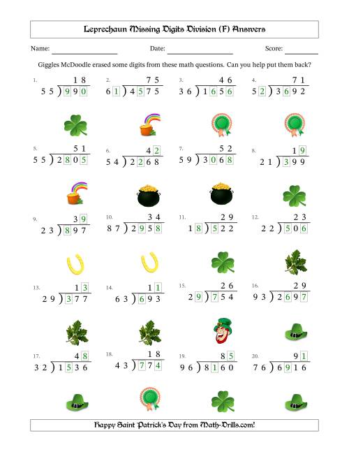 The Leprechaun Missing Digits Division (Harder Version) (F) Math Worksheet Page 2