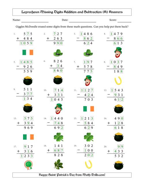 The Leprechaun Missing Digits Addition and Subtraction (Easier Version) (A) Math Worksheet Page 2