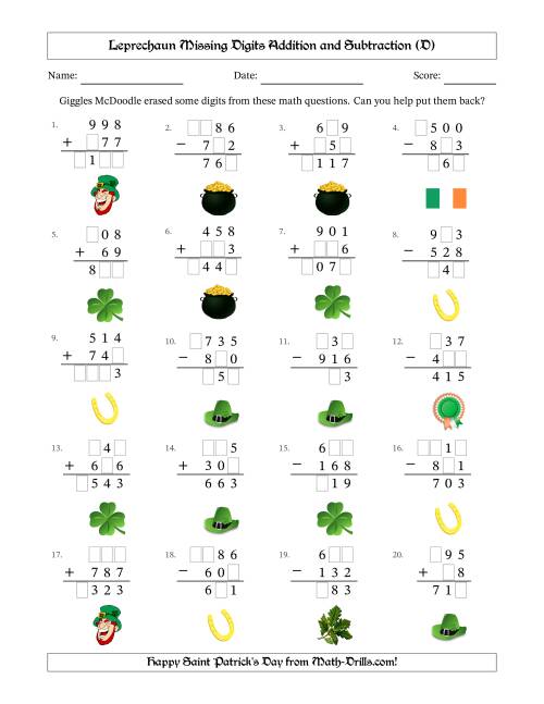 The Leprechaun Missing Digits Addition and Subtraction (Easier Version) (D) Math Worksheet