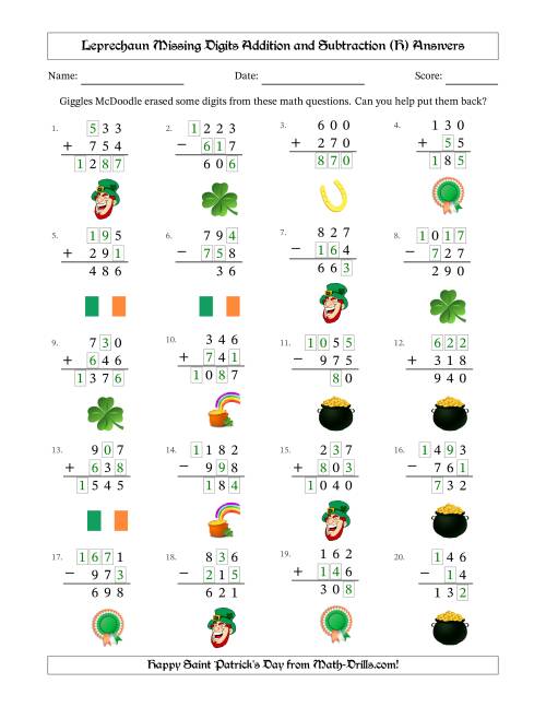 The Leprechaun Missing Digits Addition and Subtraction (Easier Version) (H) Math Worksheet Page 2