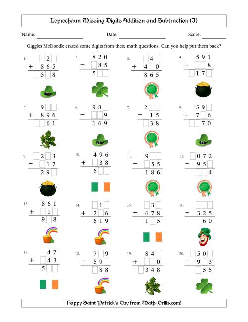 The Leprechaun Missing Digits Addition and Subtraction (Easier Version) (I) Math Worksheet