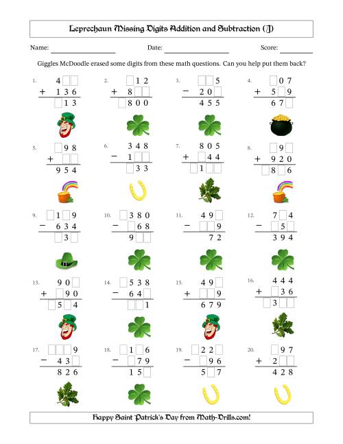 The Leprechaun Missing Digits Addition and Subtraction (Easier Version) (J) Math Worksheet