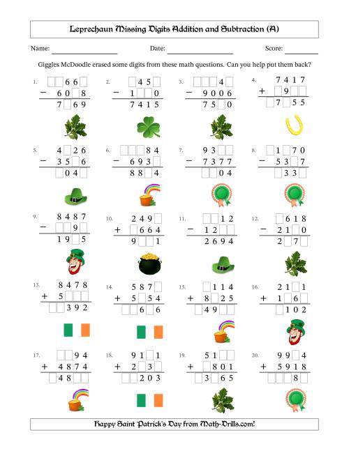 The Leprechaun Missing Digits Addition and Subtraction (Harder Version) (A) Math Worksheet