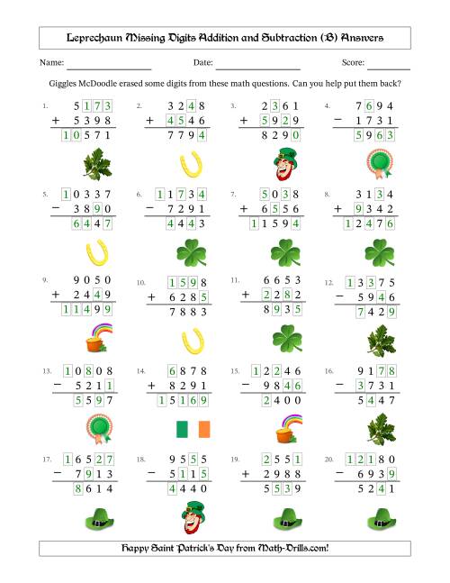 The Leprechaun Missing Digits Addition and Subtraction (Harder Version) (B) Math Worksheet Page 2