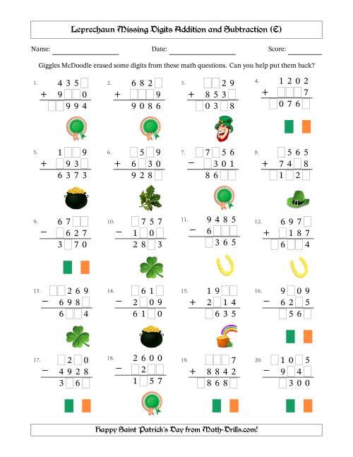The Leprechaun Missing Digits Addition and Subtraction (Harder Version) (E) Math Worksheet