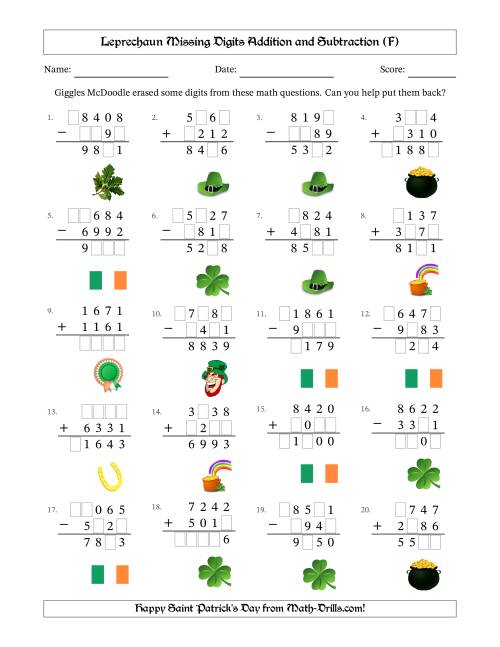 The Leprechaun Missing Digits Addition and Subtraction (Harder Version) (F) Math Worksheet