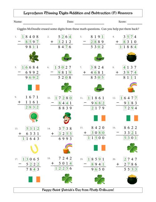 The Leprechaun Missing Digits Addition and Subtraction (Harder Version) (F) Math Worksheet Page 2
