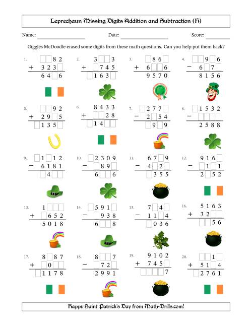 The Leprechaun Missing Digits Addition and Subtraction (Harder Version) (H) Math Worksheet