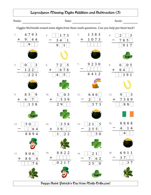 The Leprechaun Missing Digits Addition and Subtraction (Harder Version) (I) Math Worksheet