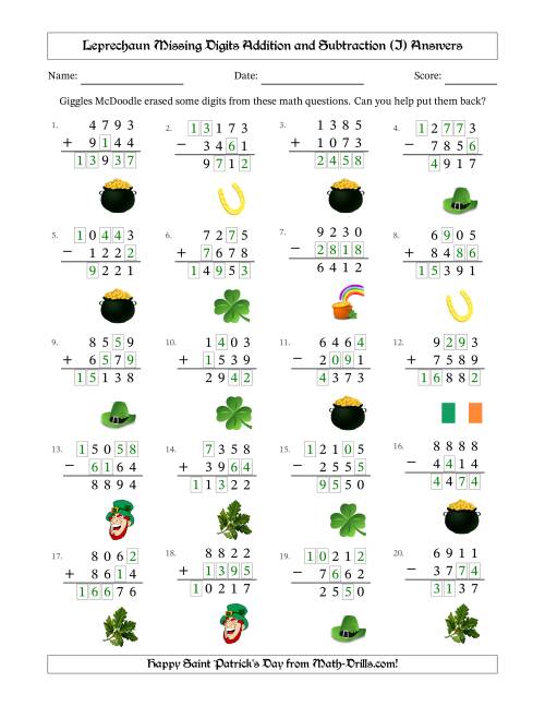 The Leprechaun Missing Digits Addition and Subtraction (Harder Version) (I) Math Worksheet Page 2