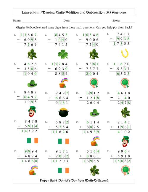 The Leprechaun Missing Digits Addition and Subtraction (Harder Version) (All) Math Worksheet Page 2