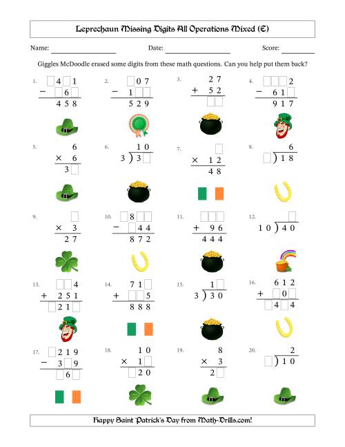 The Leprechaun Missing Digits All Operations Mixed (Easier Version) (E) Math Worksheet
