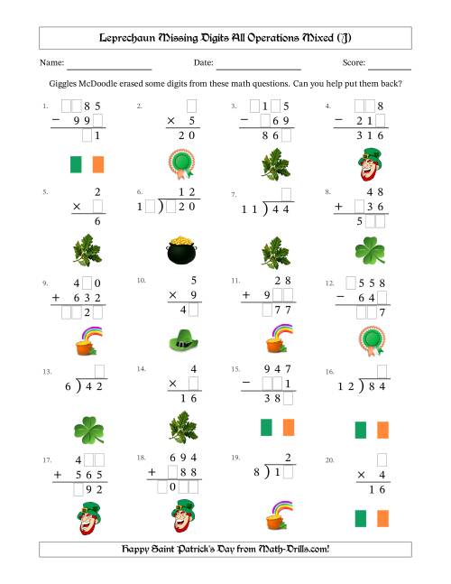 The Leprechaun Missing Digits All Operations Mixed (Easier Version) (J) Math Worksheet
