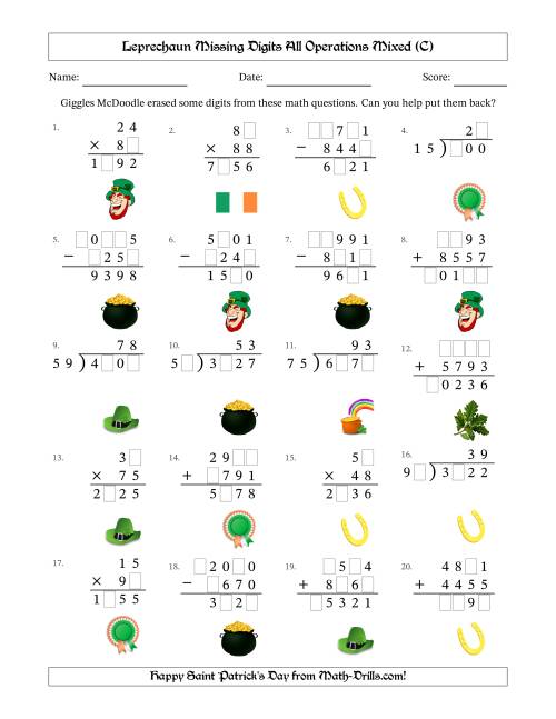 The Leprechaun Missing Digits All Operations Mixed (Harder Version) (C) Math Worksheet