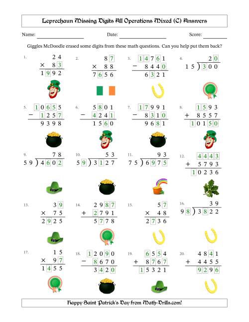 The Leprechaun Missing Digits All Operations Mixed (Harder Version) (C) Math Worksheet Page 2