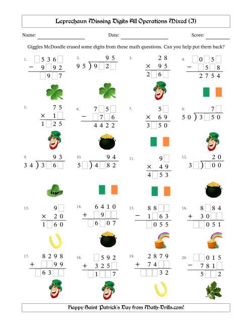 The Leprechaun Missing Digits All Operations Mixed (Harder Version) (I) Math Worksheet