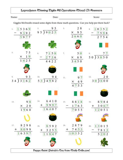 The Leprechaun Missing Digits All Operations Mixed (Harder Version) (I) Math Worksheet Page 2