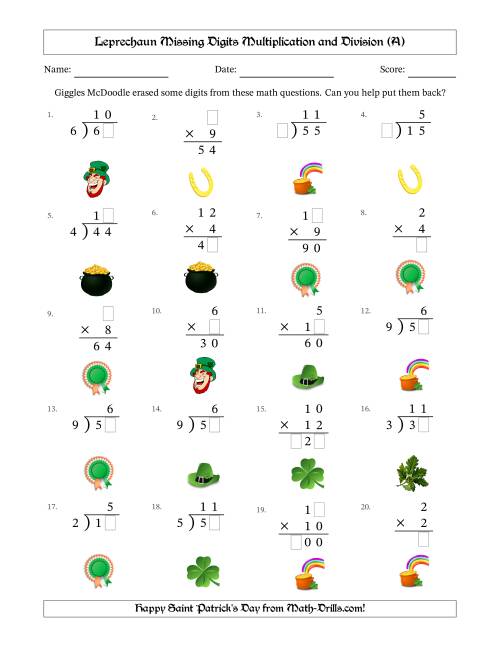 The Leprechaun Missing Digits Multiplication and Division (Easier Version) (A) Math Worksheet