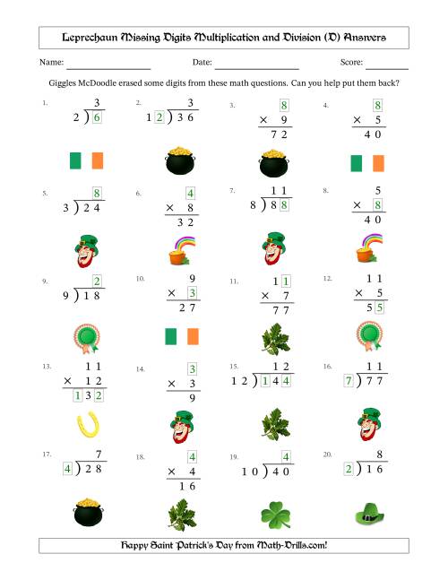 The Leprechaun Missing Digits Multiplication and Division (Easier Version) (D) Math Worksheet Page 2