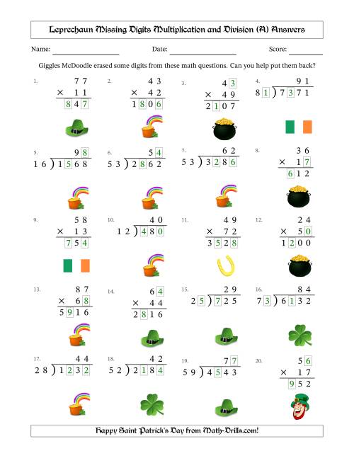 The Leprechaun Missing Digits Multiplication and Division (Harder Version) (A) Math Worksheet Page 2
