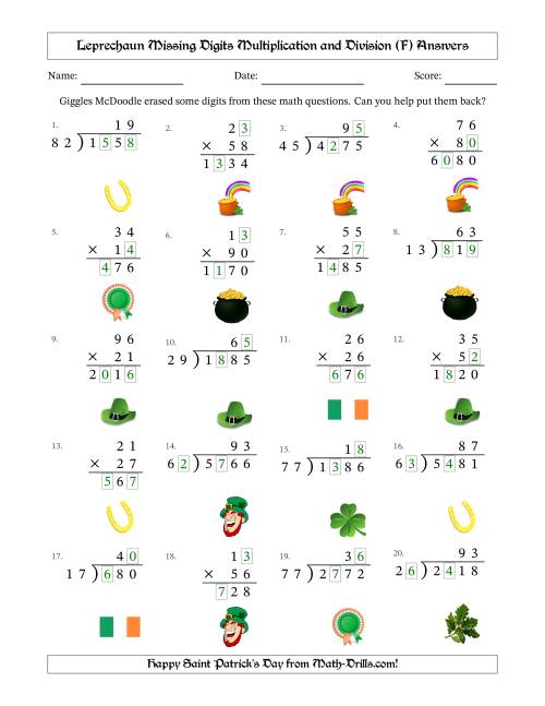 The Leprechaun Missing Digits Multiplication and Division (Harder Version) (F) Math Worksheet Page 2