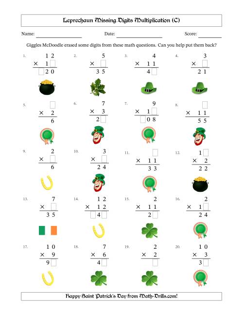 The Leprechaun Missing Digits Multiplication (Easier Version) (C) Math Worksheet