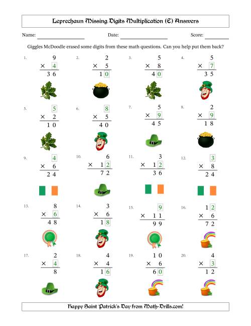 The Leprechaun Missing Digits Multiplication (Easier Version) (E) Math Worksheet Page 2