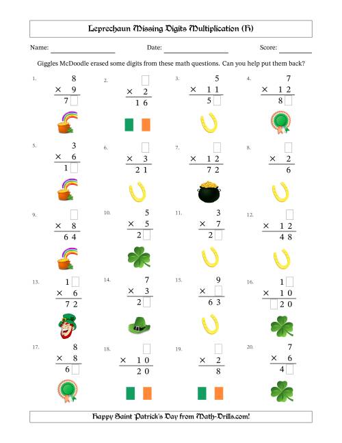 The Leprechaun Missing Digits Multiplication (Easier Version) (H) Math Worksheet