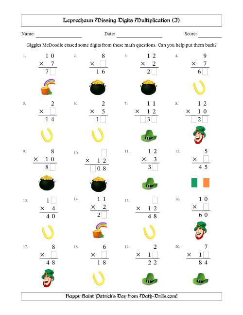 The Leprechaun Missing Digits Multiplication (Easier Version) (I) Math Worksheet
