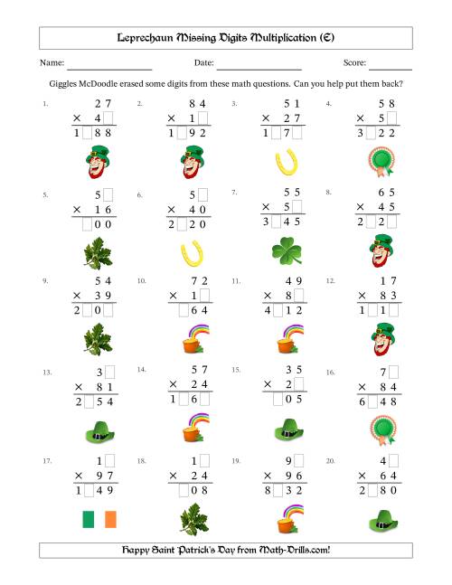 The Leprechaun Missing Digits Multiplication (Harder Version) (E) Math Worksheet