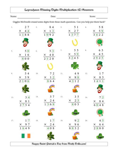 The Leprechaun Missing Digits Multiplication (Harder Version) (E) Math Worksheet Page 2