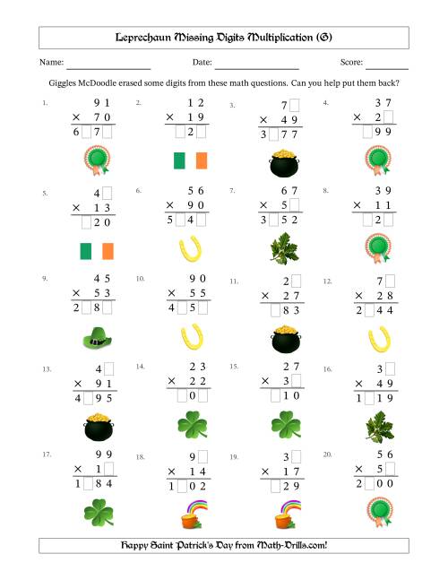 The Leprechaun Missing Digits Multiplication (Harder Version) (G) Math Worksheet