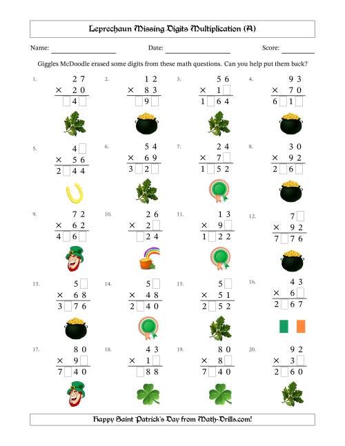 The Leprechaun Missing Digits Multiplication (Harder Version) (All) Math Worksheet