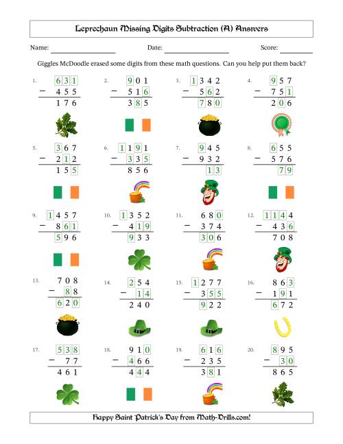 The Leprechaun Missing Digits Subtraction (Easier Version) (A) Math Worksheet Page 2