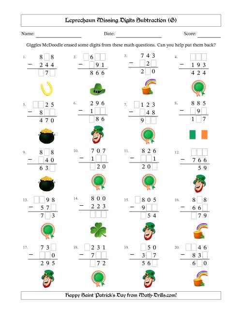 The Leprechaun Missing Digits Subtraction (Easier Version) (G) Math Worksheet