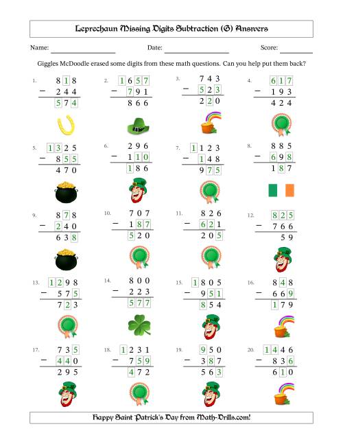 The Leprechaun Missing Digits Subtraction (Easier Version) (G) Math Worksheet Page 2