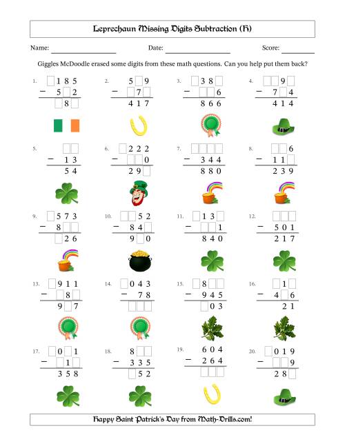 The Leprechaun Missing Digits Subtraction (Easier Version) (H) Math Worksheet