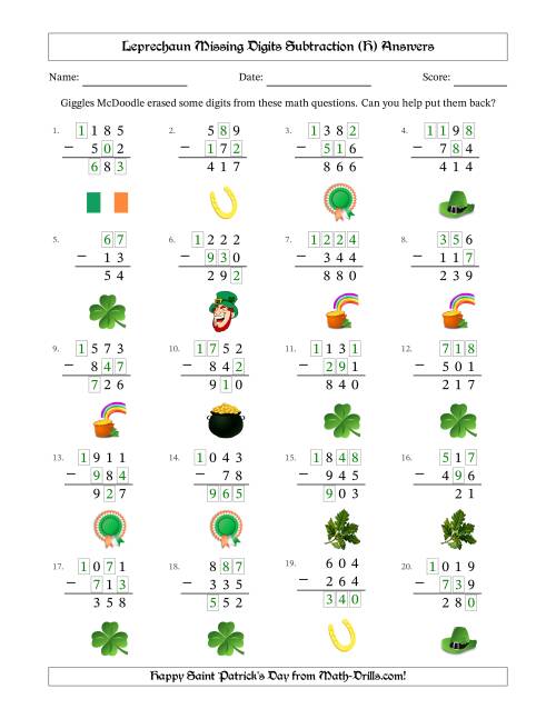 The Leprechaun Missing Digits Subtraction (Easier Version) (H) Math Worksheet Page 2