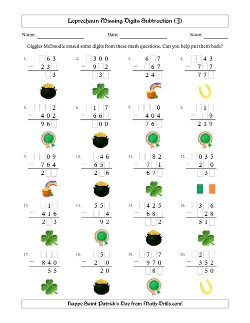 The Leprechaun Missing Digits Subtraction (Easier Version) (J) Math Worksheet
