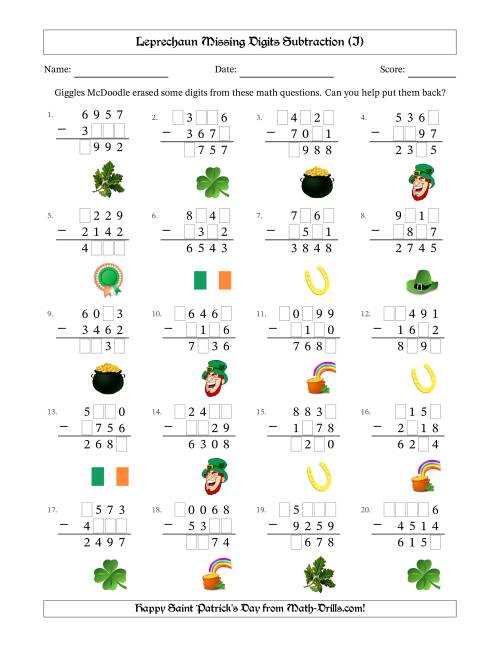 The Leprechaun Missing Digits Subtraction (Harder Version) (I) Math Worksheet