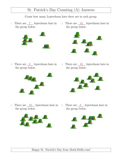 The Counting up to 10 Leprechaun Hats in Scattered Arrangements (A) Math Worksheet Page 2