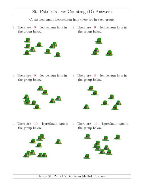 The Counting up to 10 Leprechaun Hats in Scattered Arrangements (D) Math Worksheet Page 2