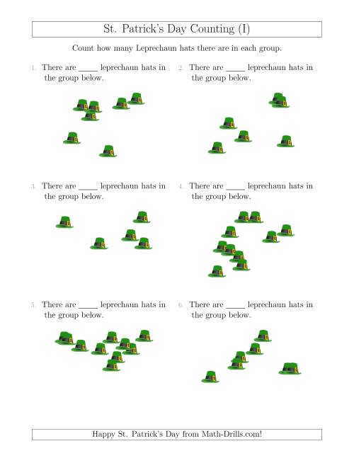 The Counting up to 10 Leprechaun Hats in Scattered Arrangements (I) Math Worksheet
