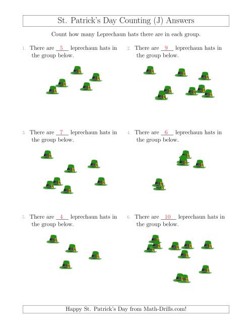 The Counting up to 10 Leprechaun Hats in Scattered Arrangements (J) Math Worksheet Page 2