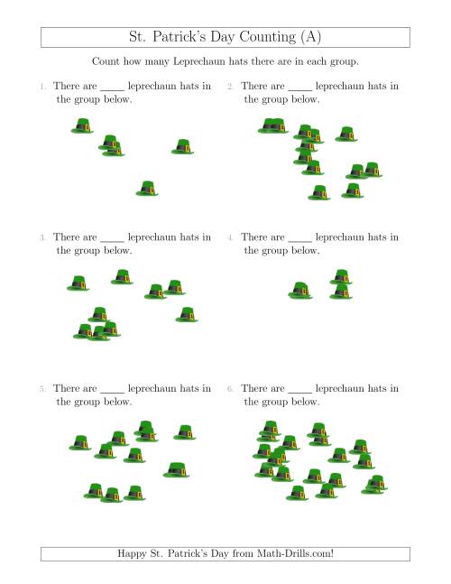 The Counting up to 20 Leprechaun Hats in Scattered Arrangements (A) Math Worksheet
