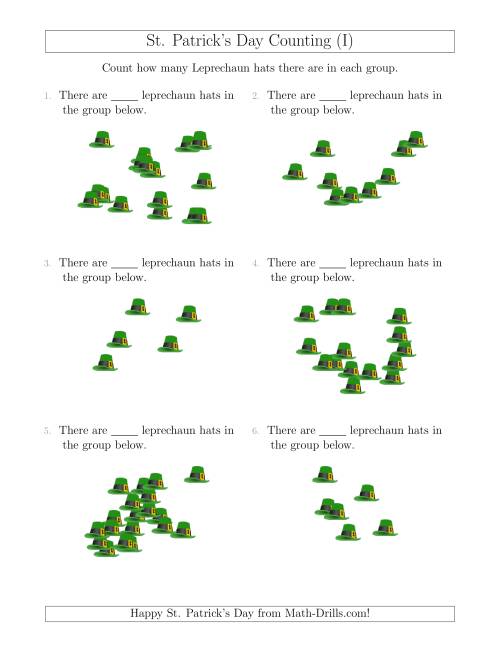 The Counting up to 20 Leprechaun Hats in Scattered Arrangements (I) Math Worksheet