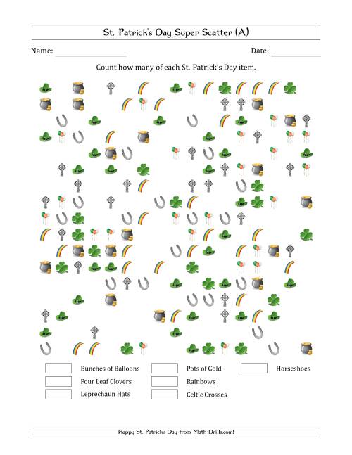 The Counting St. Patrick's Day Items in Super Scattered Arrangements (50 Percent Full) (A) Math Worksheet