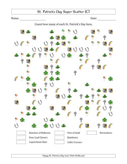 The Counting St. Patrick's Day Items in Super Scattered Arrangements (50 Percent Full) (C) Math Worksheet