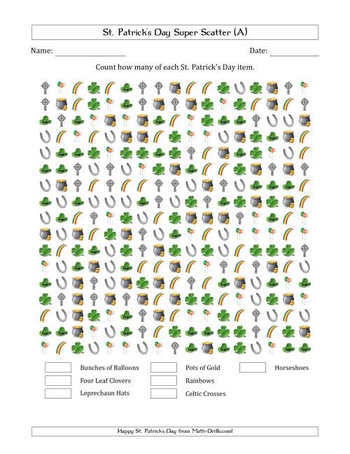 The Counting St. Patrick's Day Items in Super Scattered Arrangements (100 Percent Full) (A) Math Worksheet