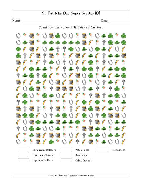The Counting St. Patrick's Day Items in Super Scattered Arrangements (100 Percent Full) (D) Math Worksheet
